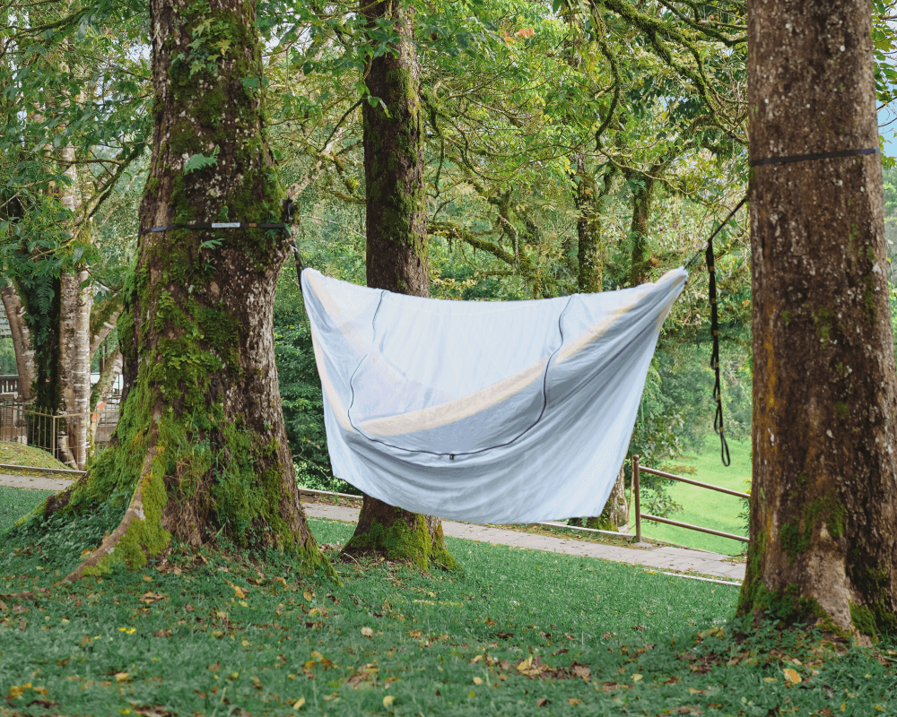 TTTM Hängematte mit weißem Moskitonetz zwischen moosbewachsenen Bäumen – natürlicher Schutz vor Insekten beim Camping im Wald
